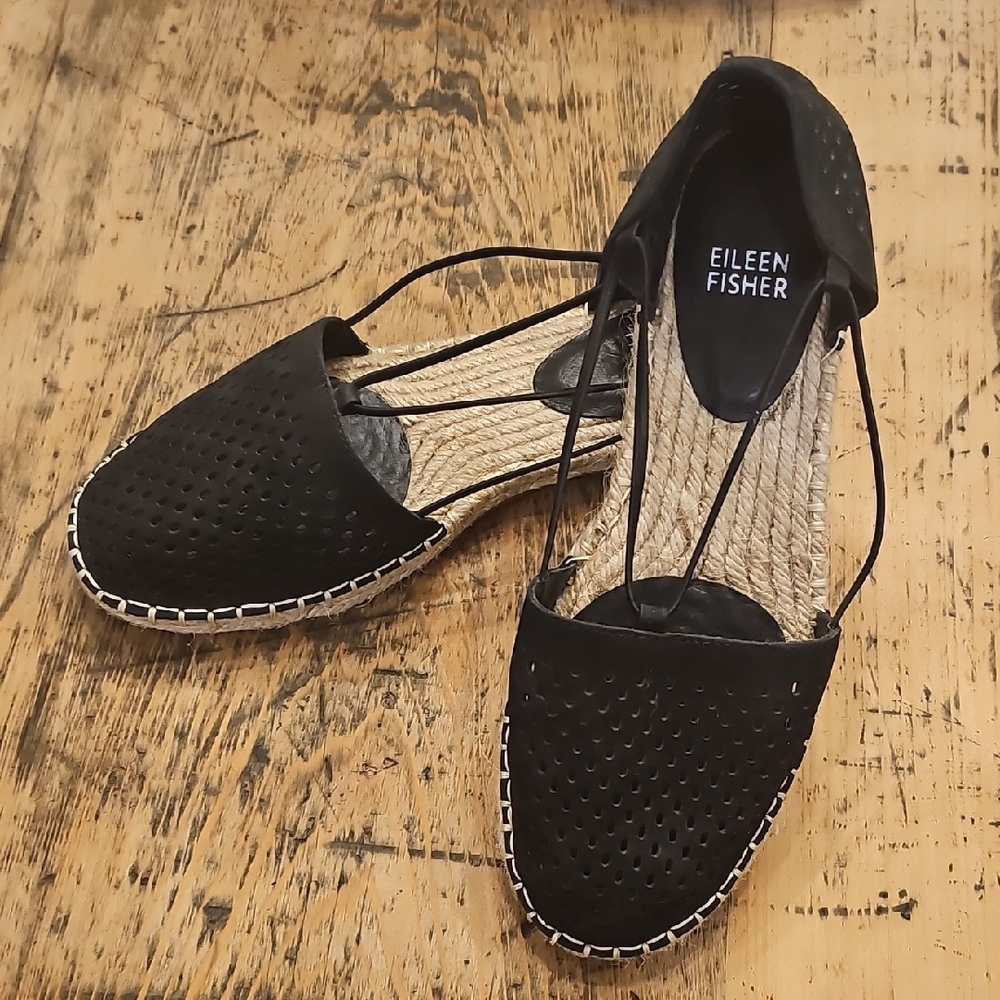 Eileen Fisher Lee 2 Black Leather Espadrille Size 7.5